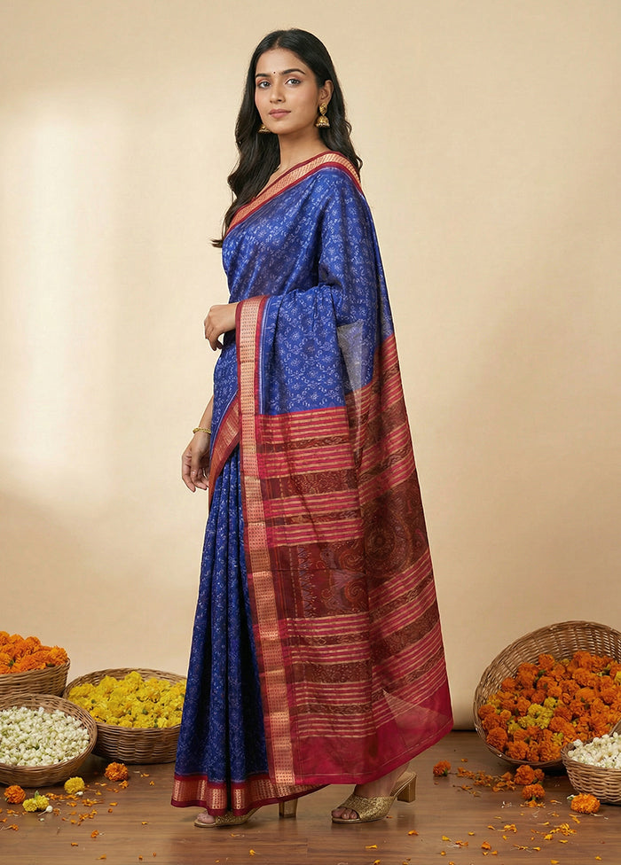 Blue Handloom Bomkai Pure Silk Saree With Blouse Piece
