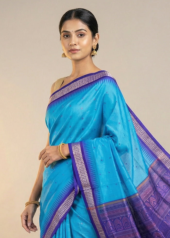 Blue Handloom Bomkai Pure Silk Saree With Blouse Piece