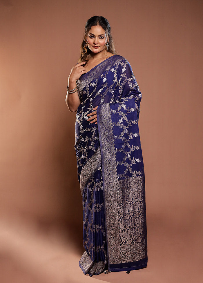 Blue Georgette Saree With Blouse Piece