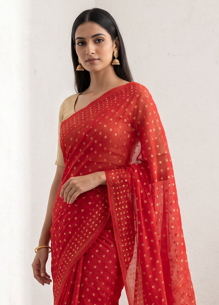 Red Jamdani Cotton Saree Without Blouse Piece