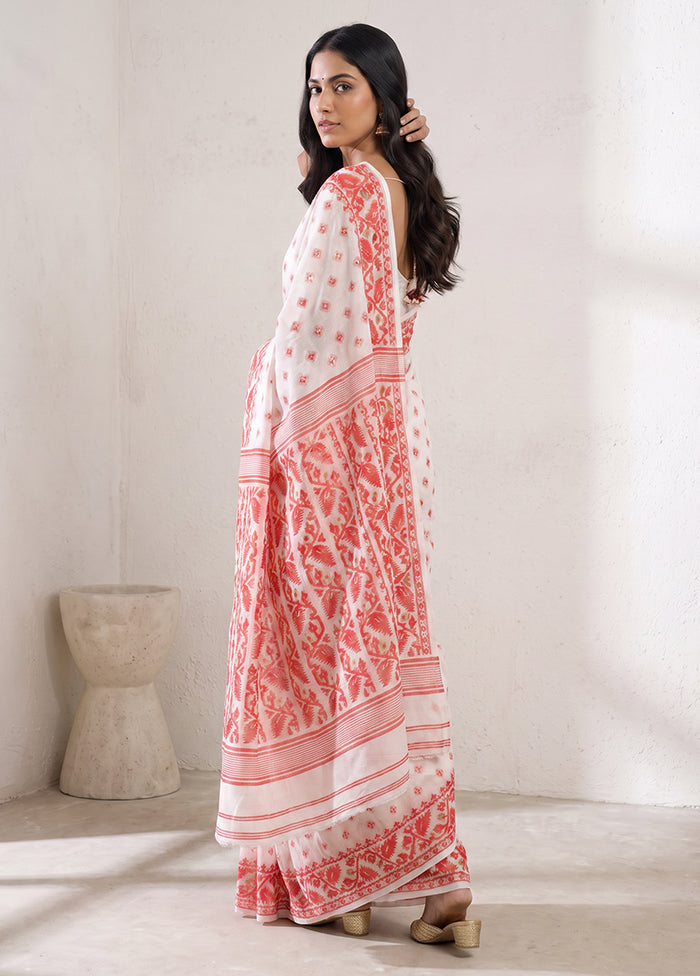 White Jamdani Cotton Saree Without Blouse Piece