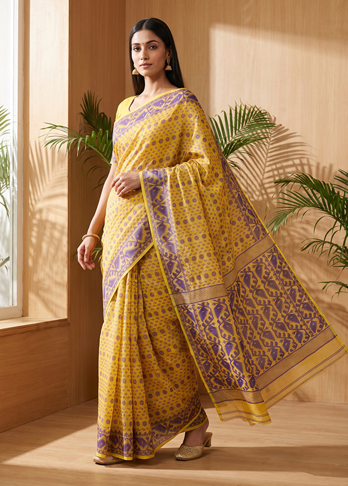 Yellow Jamdani Cotton Saree Without Blouse Piece