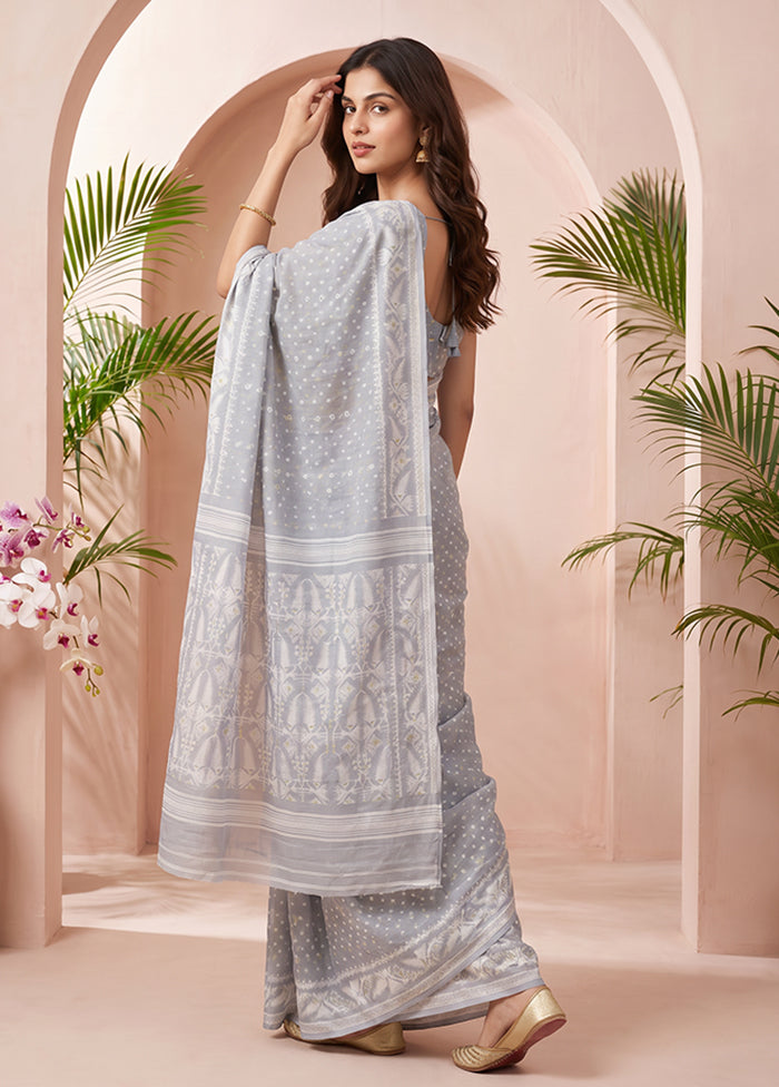 Grey Jamdani Cotton Saree Without Blouse Piece