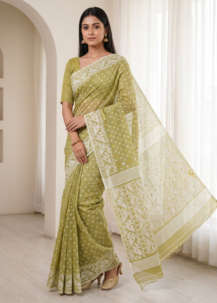 Green Jamdani Cotton Saree Without Blouse Piece