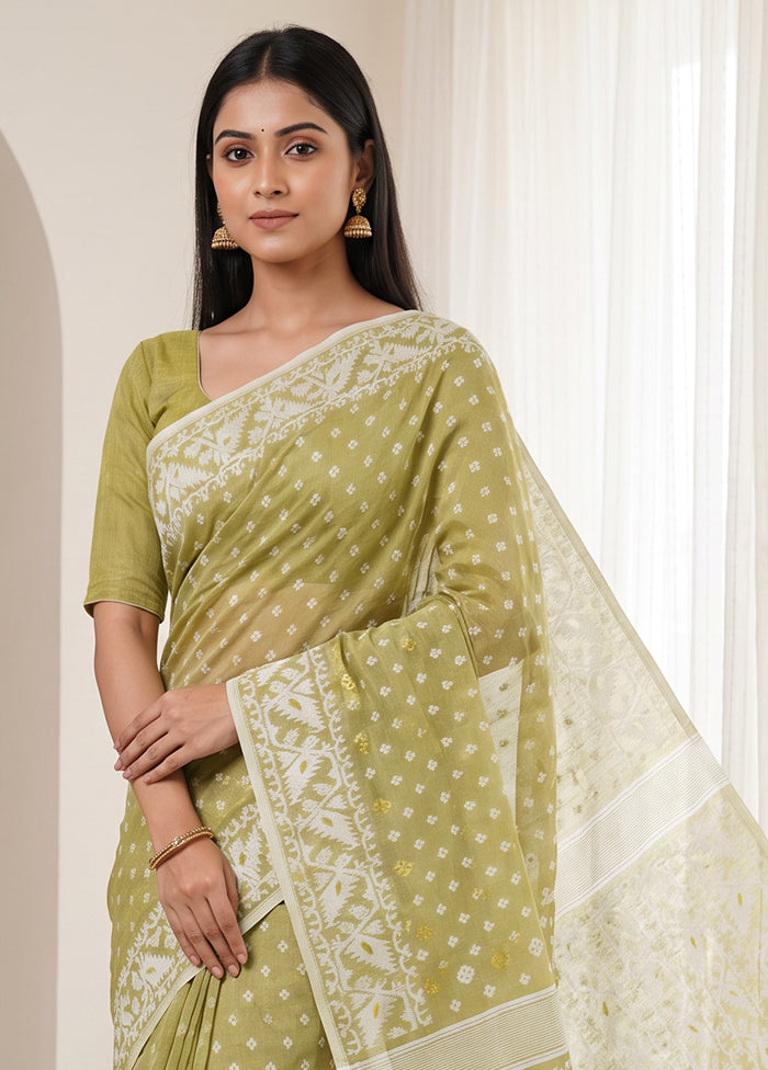 Green Jamdani Cotton Saree Without Blouse Piece