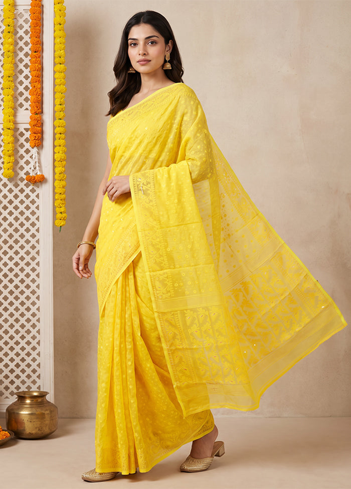 Yellow Jamdani Cotton Saree Without Blouse Piece