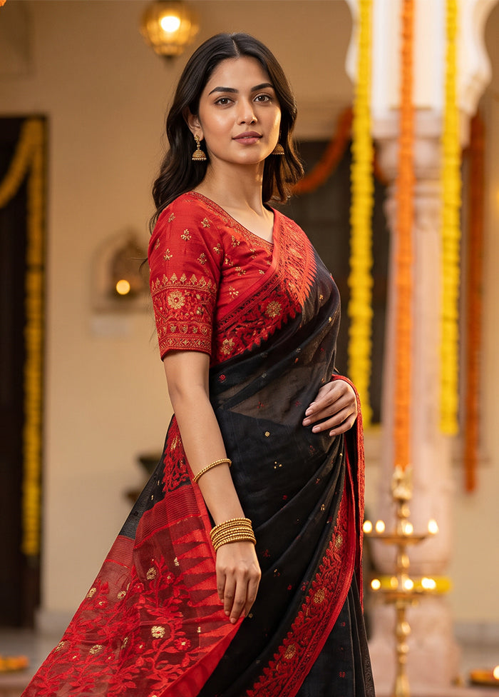 Maroon Jamdani Cotton Saree Without Blouse Piece