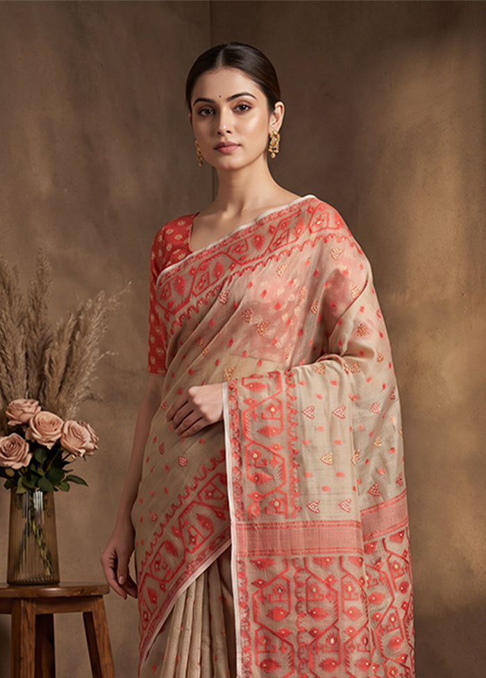 Cream Jamdani Cotton Saree Without Blouse Piece