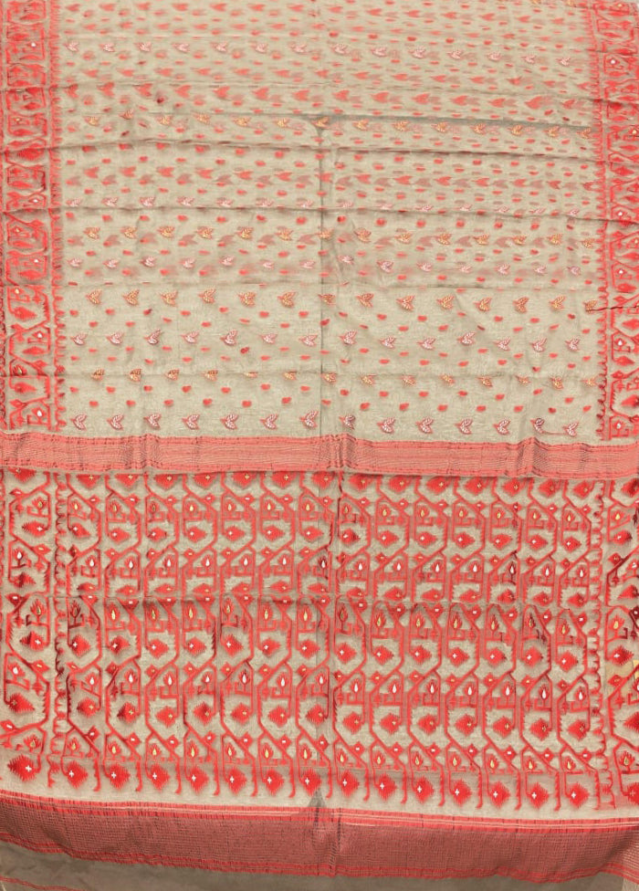 Cream Jamdani Cotton Saree Without Blouse Piece