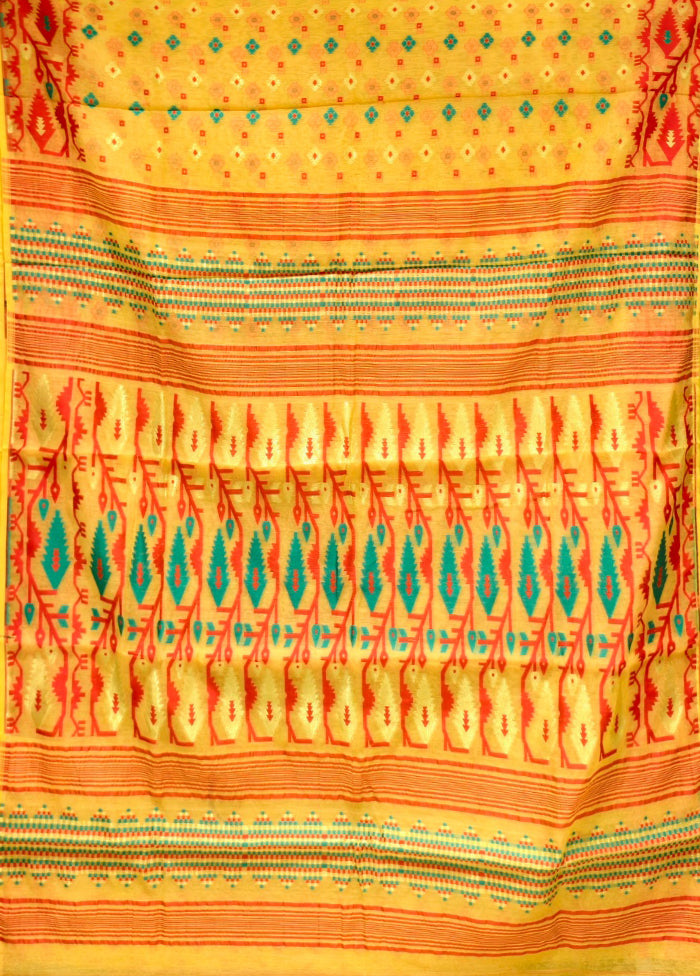 Yellow Jamdani Cotton Saree Without Blouse Piece