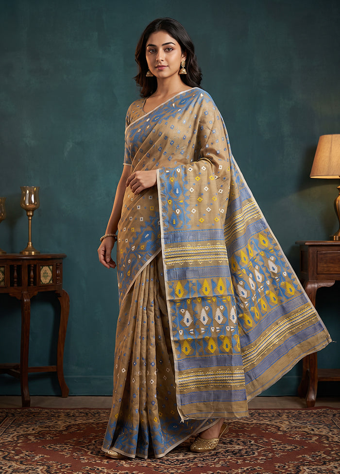 Cream Jamdani Cotton Saree Without Blouse Piece