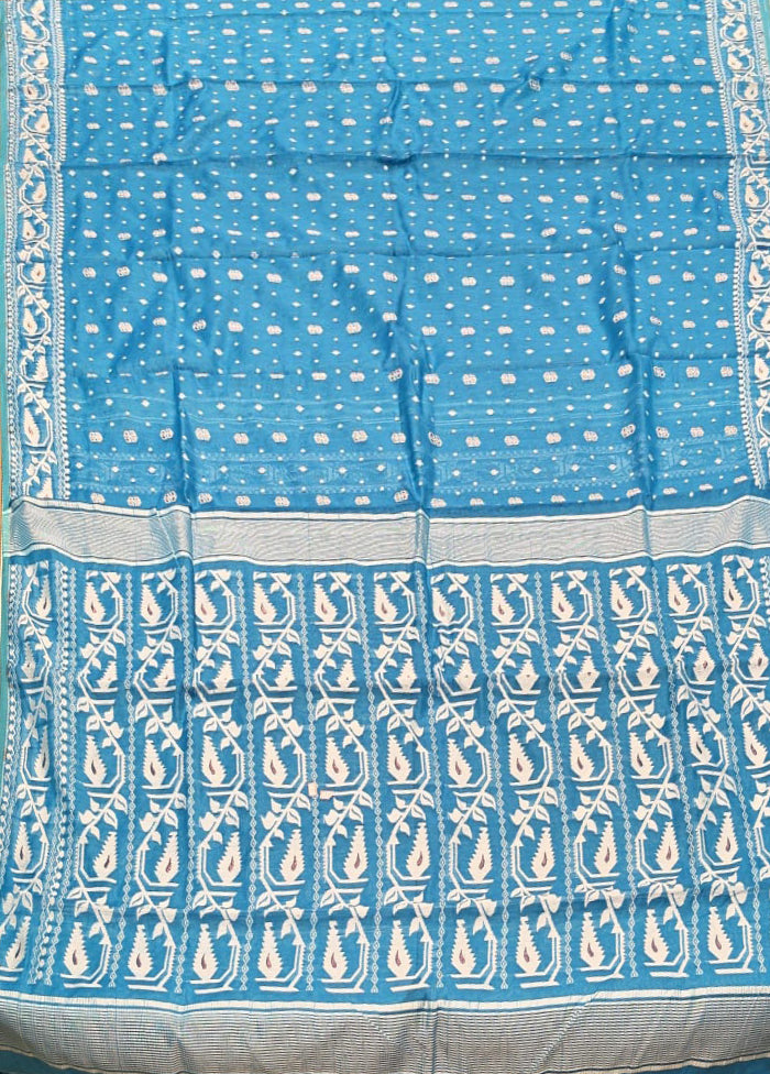 Blue Jamdani Cotton Saree Without Blouse Piece