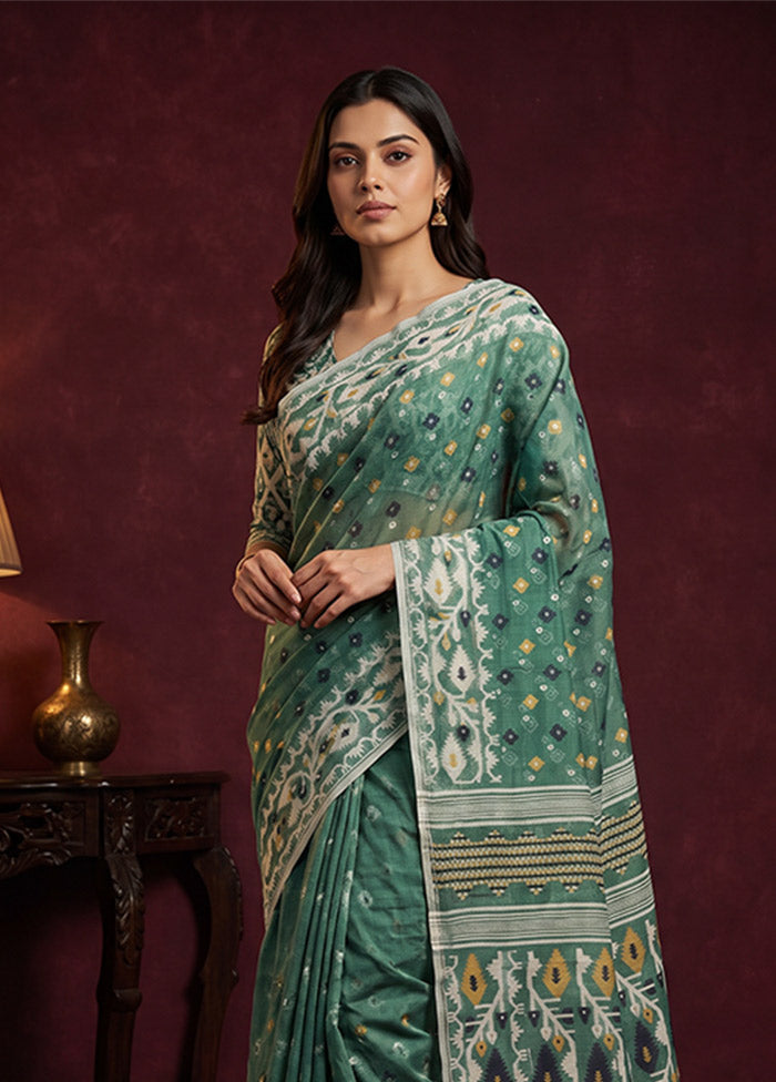 Green Jamdani Cotton Saree Without Blouse Piece