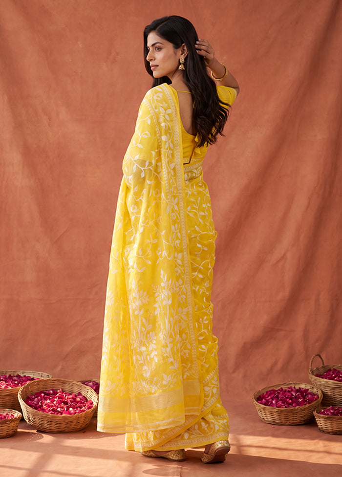 Yellow Jamdani Cotton Saree Without Blouse Piece
