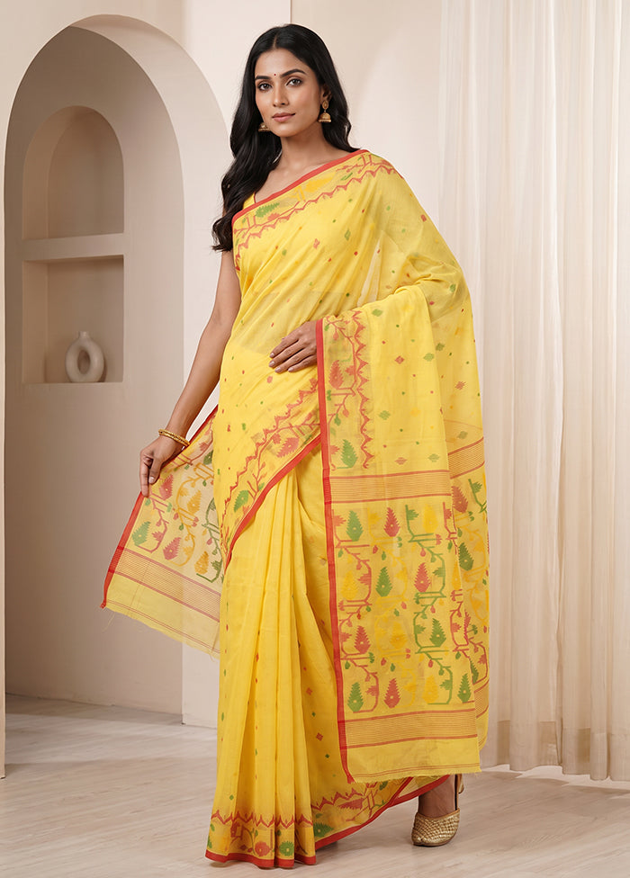 Yellow Jamdani Cotton Saree Without Blouse Piece
