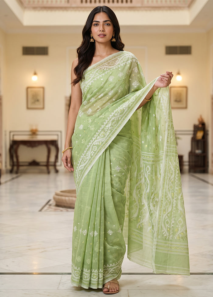 Green Jamdani Cotton Saree Without Blouse Piece