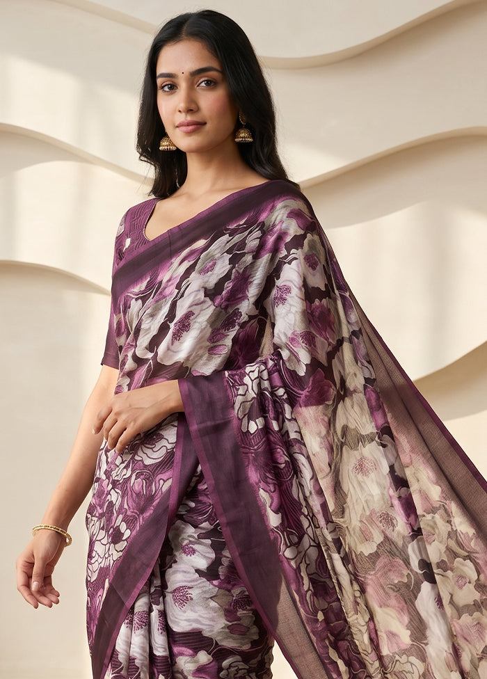 Grey Printed Silk Saree Without Blouse Piece