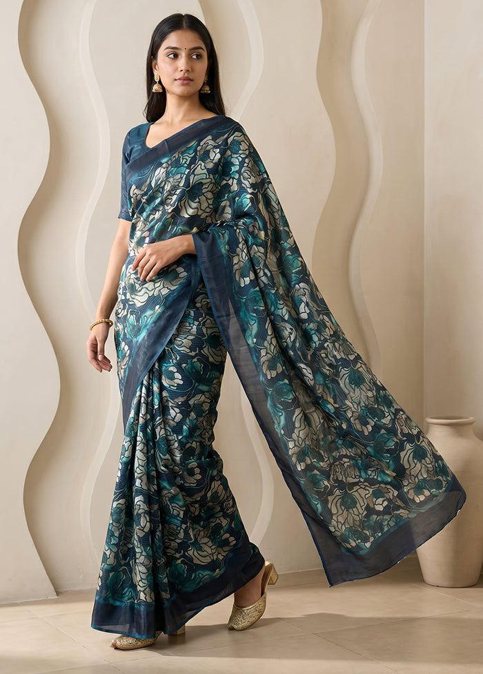 Green Printed Silk Saree Without Blouse Piece