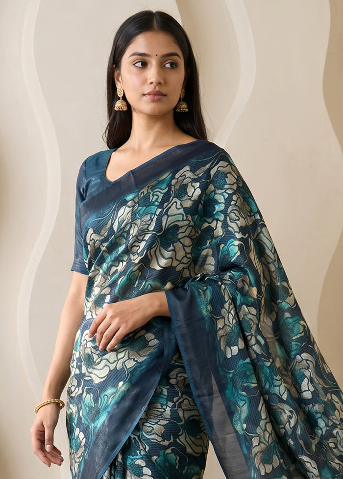Green Printed Silk Saree Without Blouse Piece