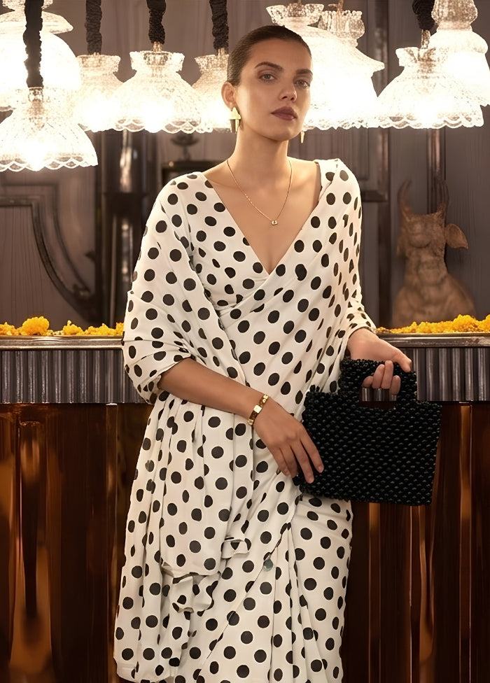 White Printed Silk Saree Without Blouse Piece