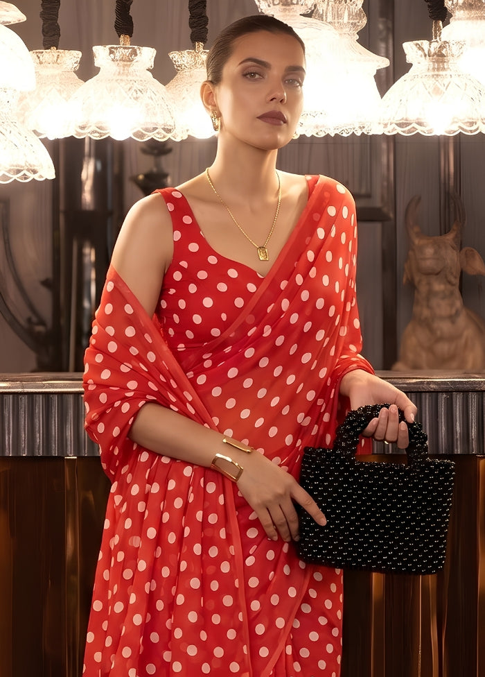 Red Printed Silk Saree Without Blouse Piece