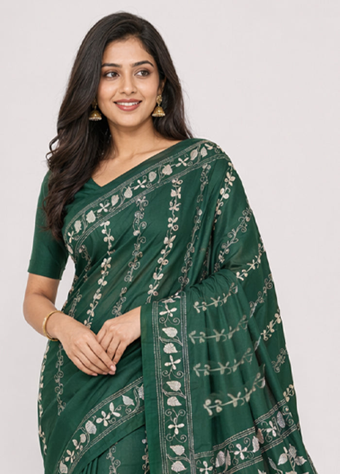 Green Kantha Stitch Silk Saree With Blouse Piece