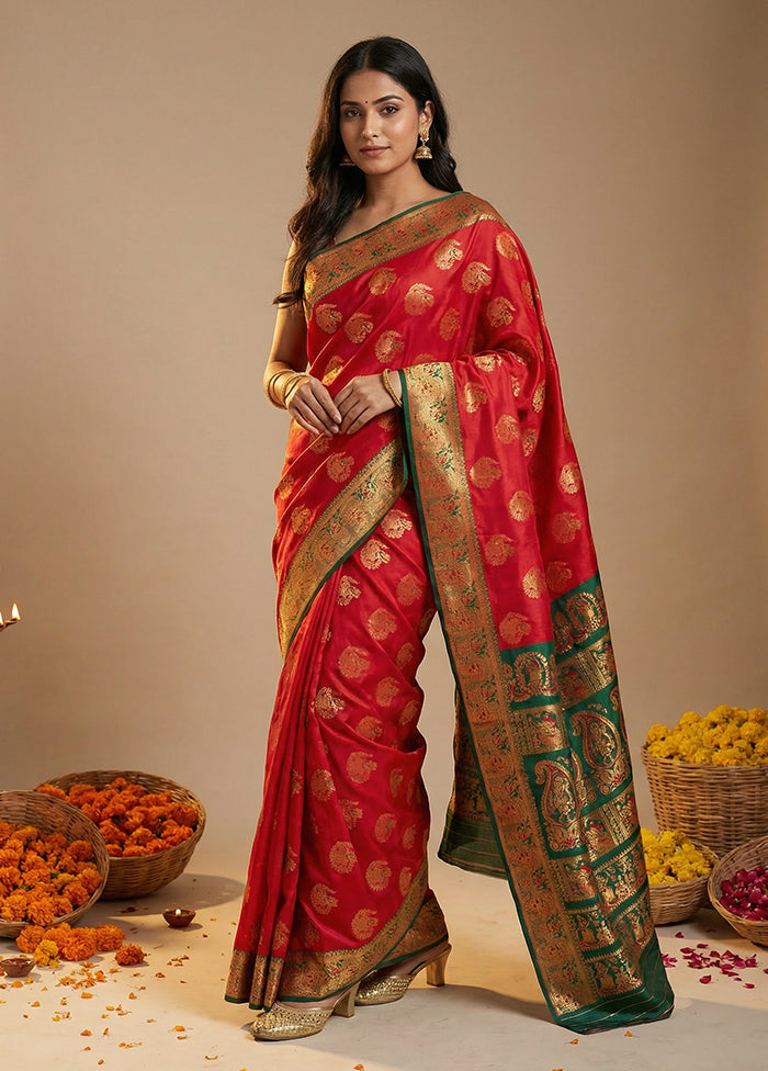 Red Baluchari Silk Saree With Blouse Piece