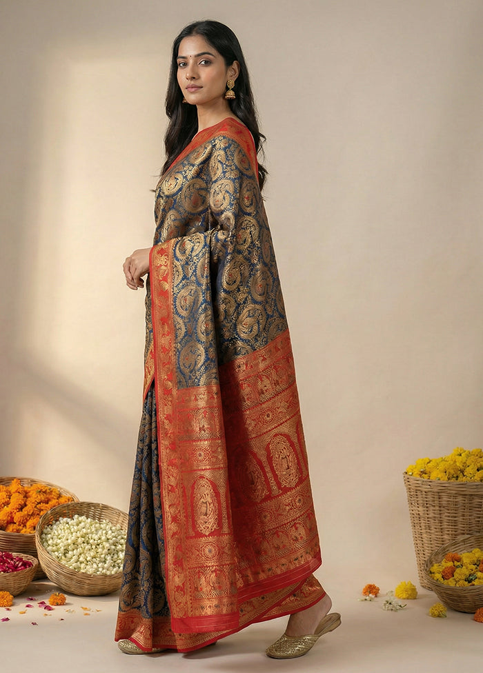 Blue Baluchari Silk Saree With Blouse Piece