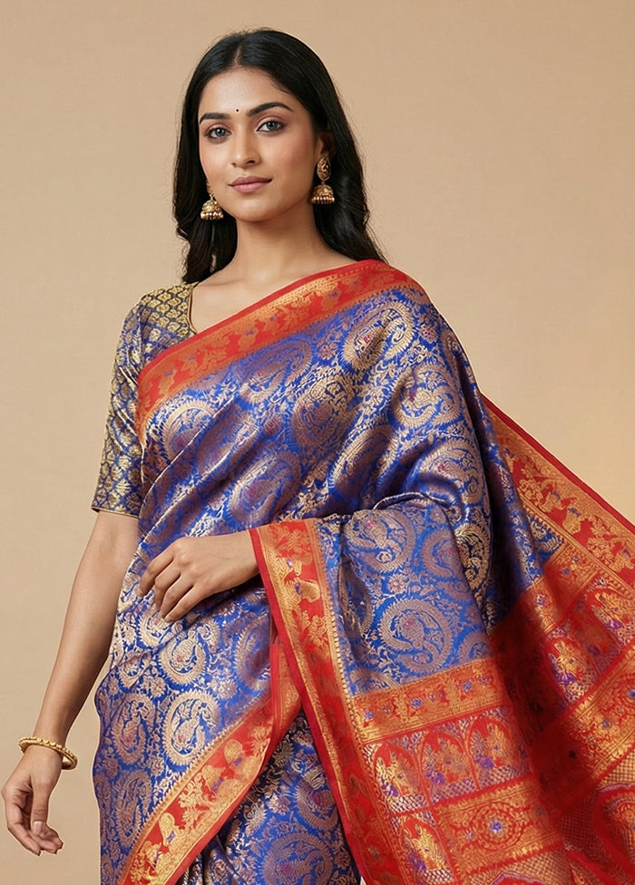 Blue Dupion Silk Saree With Blouse Piece