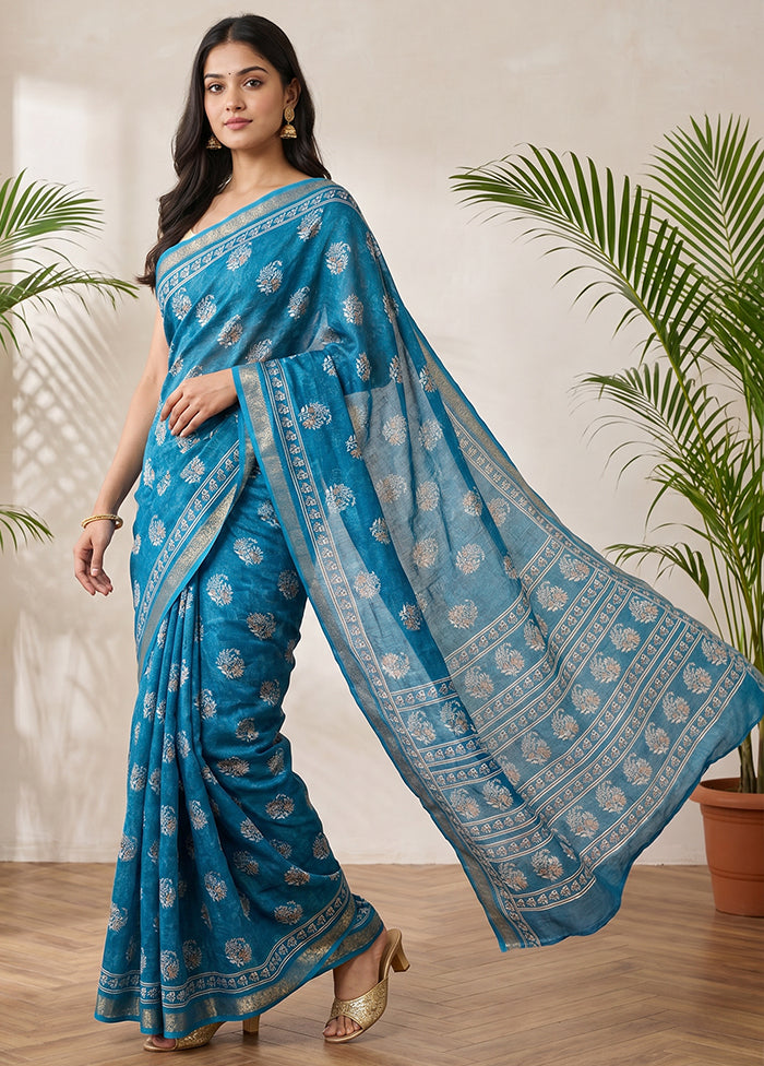 Blue Chanderi Cotton Saree With Blouse Piece