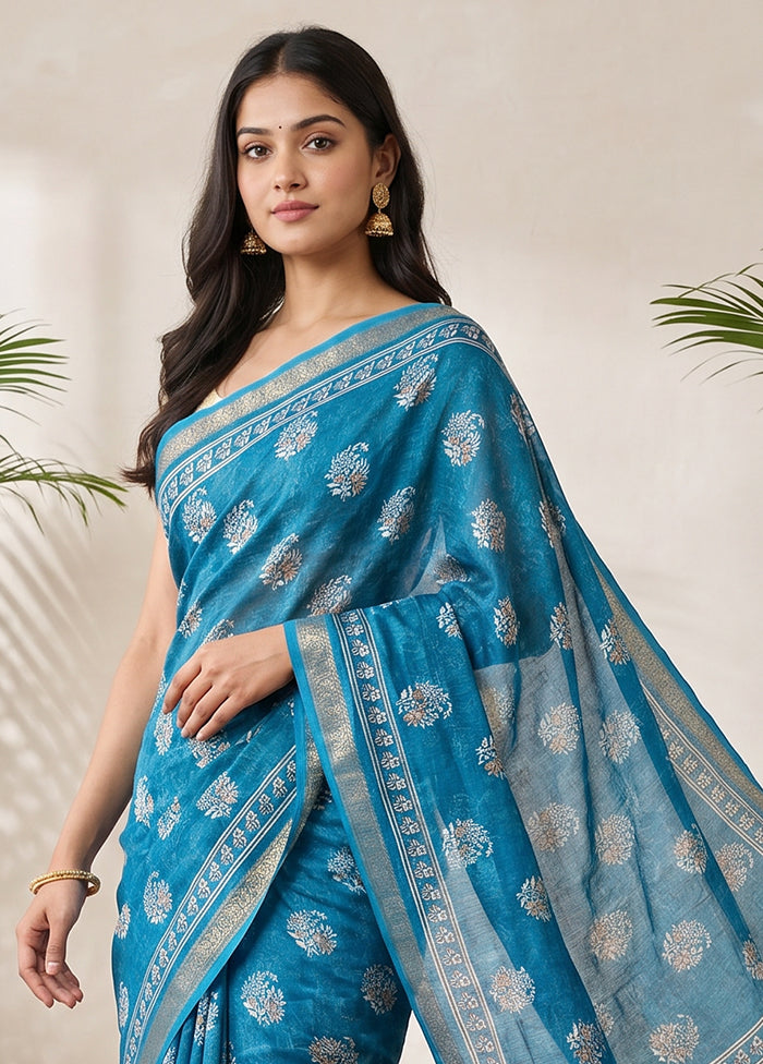 Blue Chanderi Cotton Saree With Blouse Piece