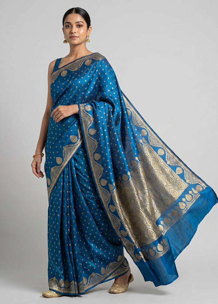 Blue Handloom Banarasi Pure Silk Saree With Blouse Piece