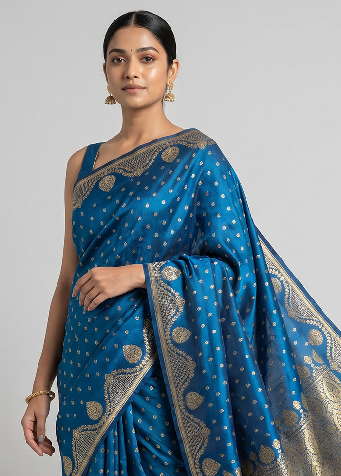 Blue Handloom Banarasi Pure Silk Saree With Blouse Piece