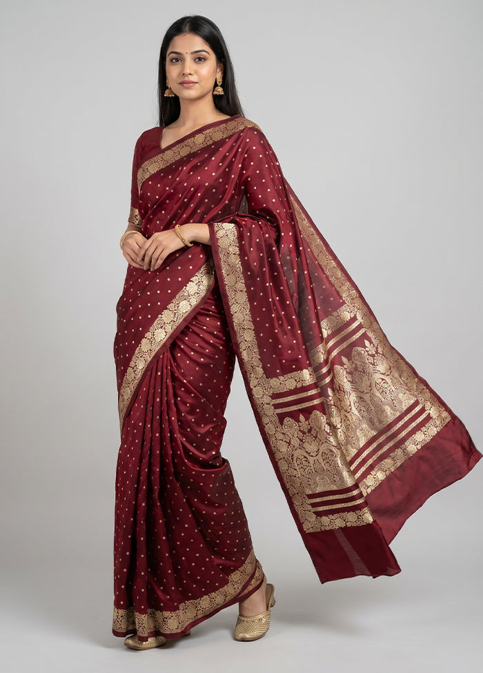 Maroon Handloom Banarasi Pure Silk Saree With Blouse Piece