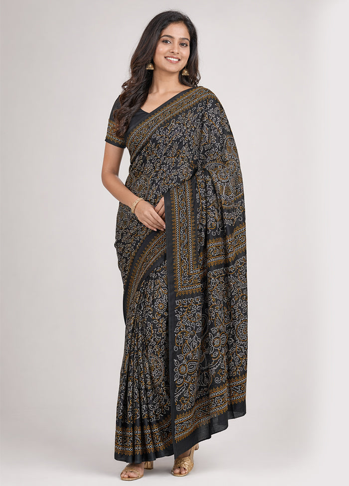 Black Printed Silk Saree Without Blouse Piece