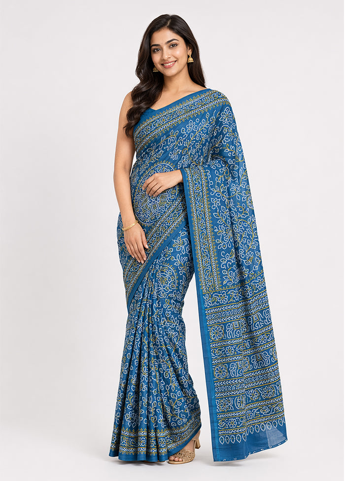 Blue Printed Silk Saree Without Blouse Piece
