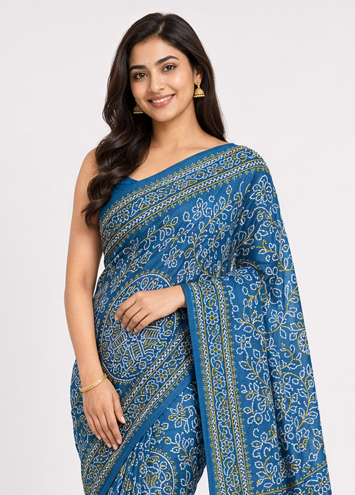 Blue Printed Silk Saree Without Blouse Piece