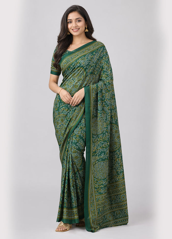 Green Printed Silk Saree Without Blouse Piece