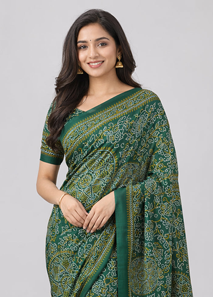 Green Printed Silk Saree Without Blouse Piece