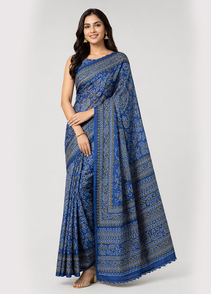 Blue Printed Silk Saree Without Blouse Piece