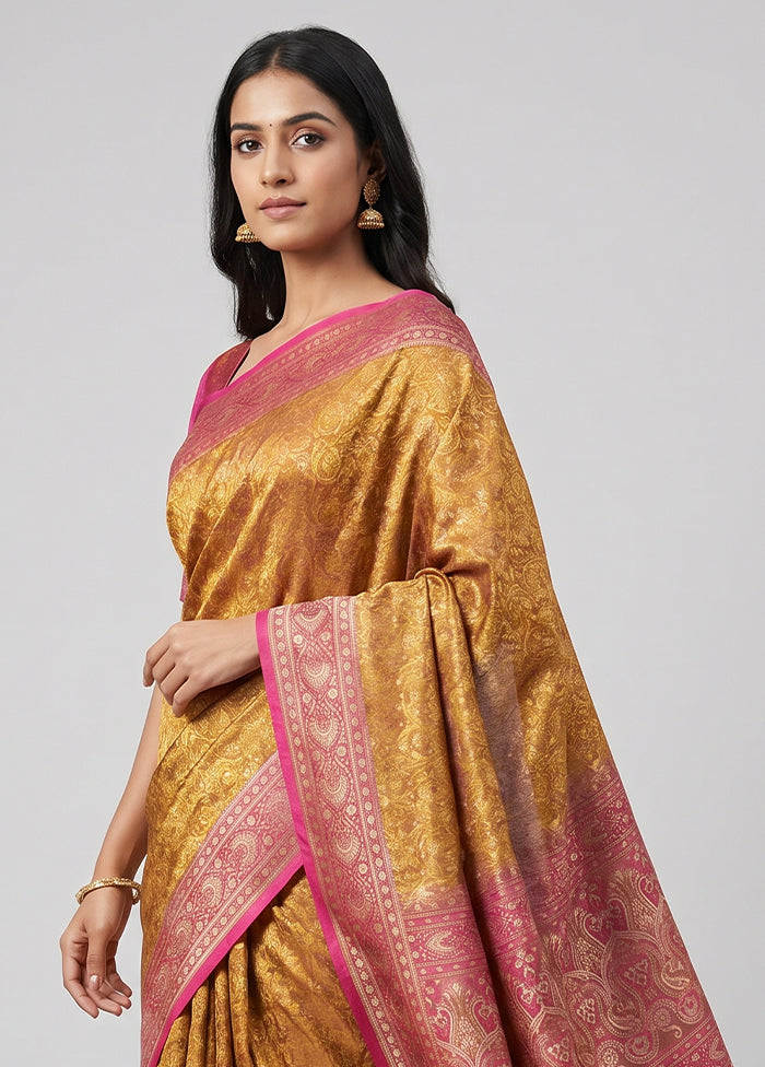 Yellow Handloom Jamewar Pure Silk Saree With Blouse Piece