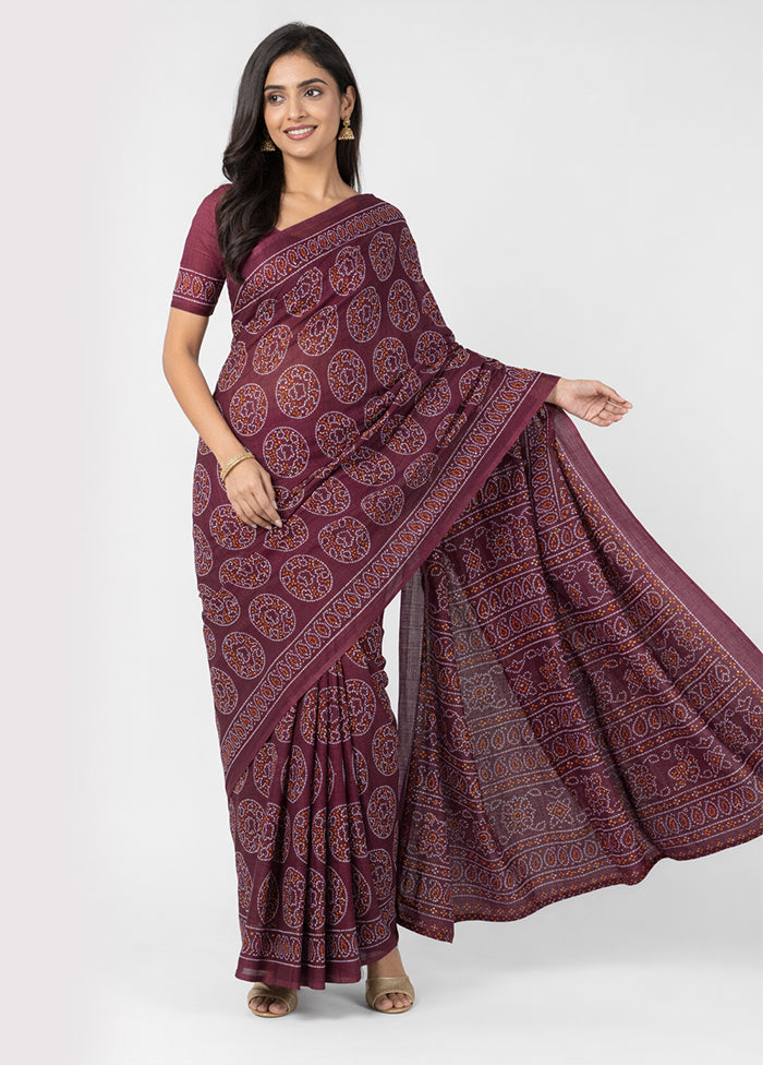 Maroon Printed Silk Saree Without Blouse Piece