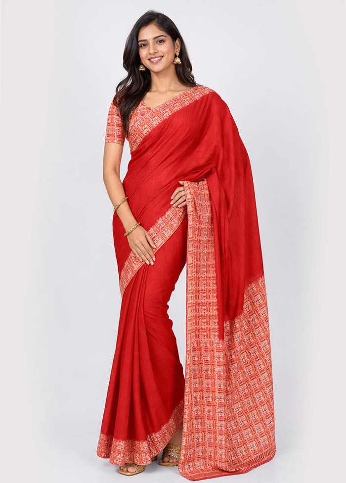 Maroon Printed Silk Saree Without Blouse Piece