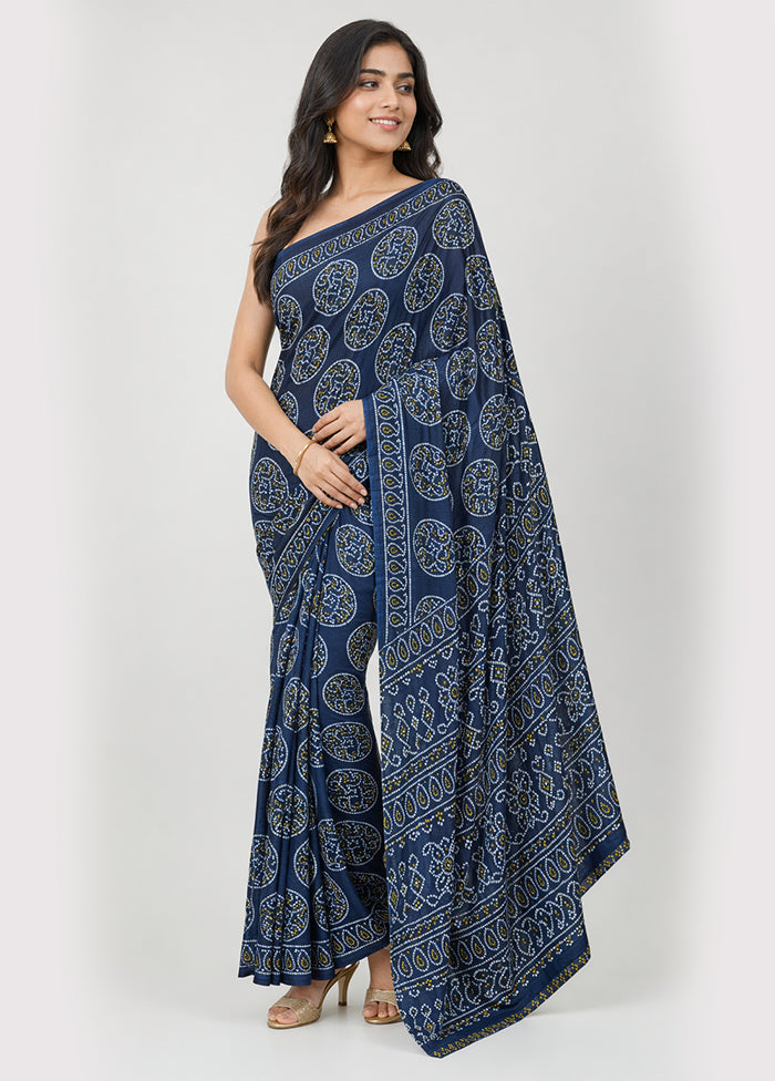 Blue Printed Silk Saree Without Blouse Piece