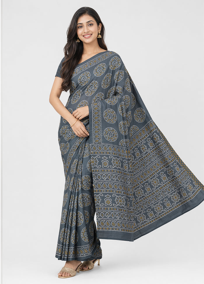 Black Printed Silk Saree Without Blouse Piece