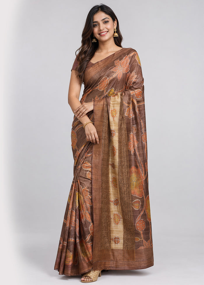 Rust Handloom Tussar Pure Silk Saree With Blouse Piece