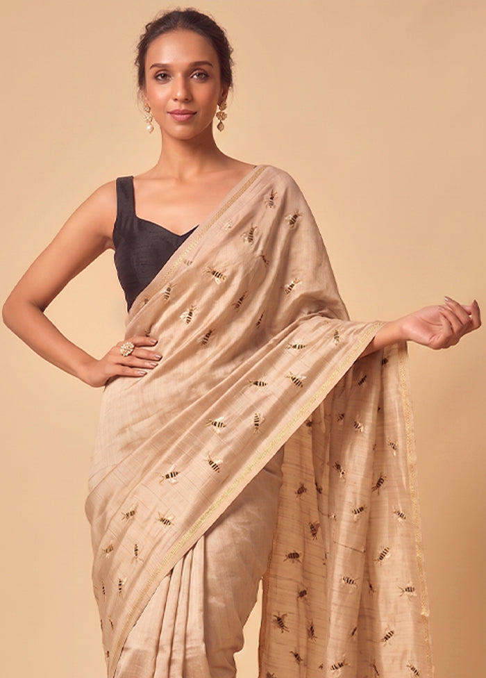 Cream Tussar Hand-Embroidered Pure Silk Saree with Blouse Piece
