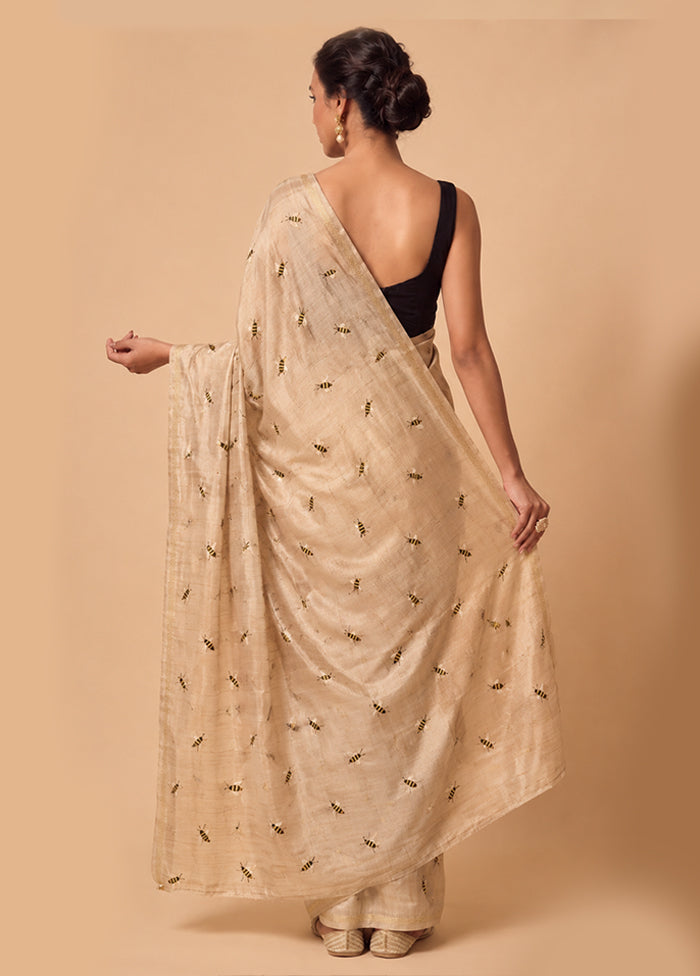 Cream Tussar Hand-Embroidered Pure Silk Saree with Blouse Piece