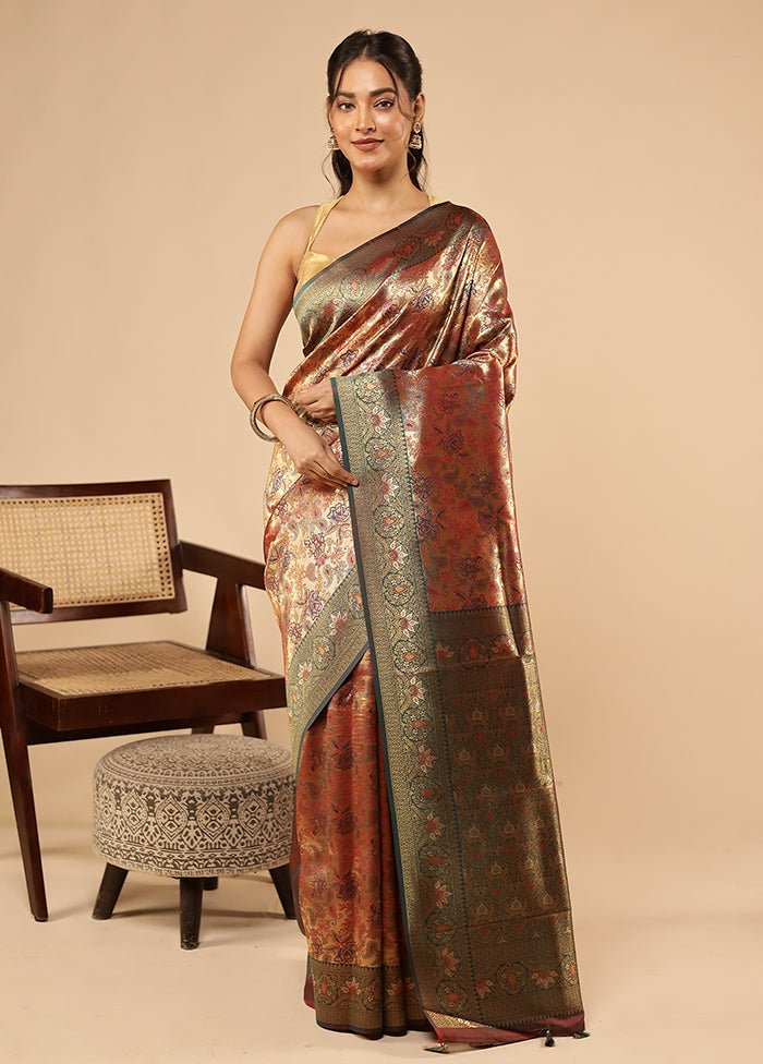 Gold Dupion Silk Saree With Blouse Piece