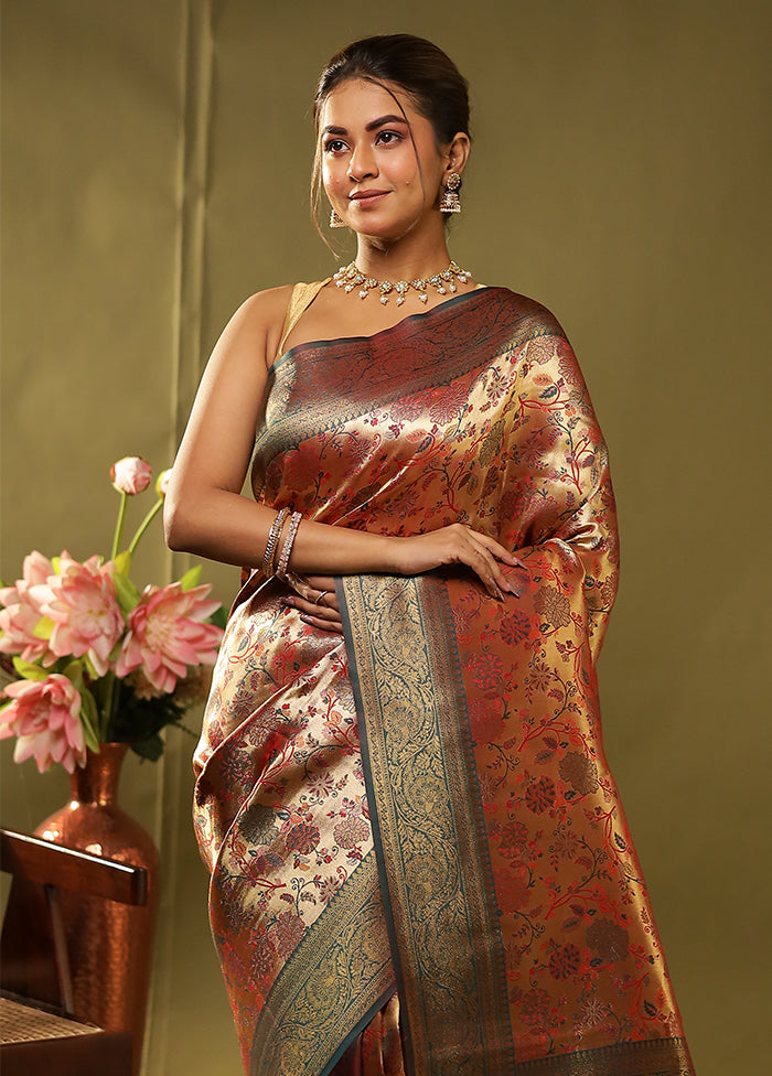 Gold Dupion Silk Saree With Blouse Piece
